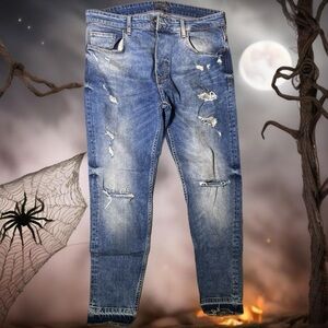 Zara Man Distressed Button-Fly Skinny Jeans, Size 34